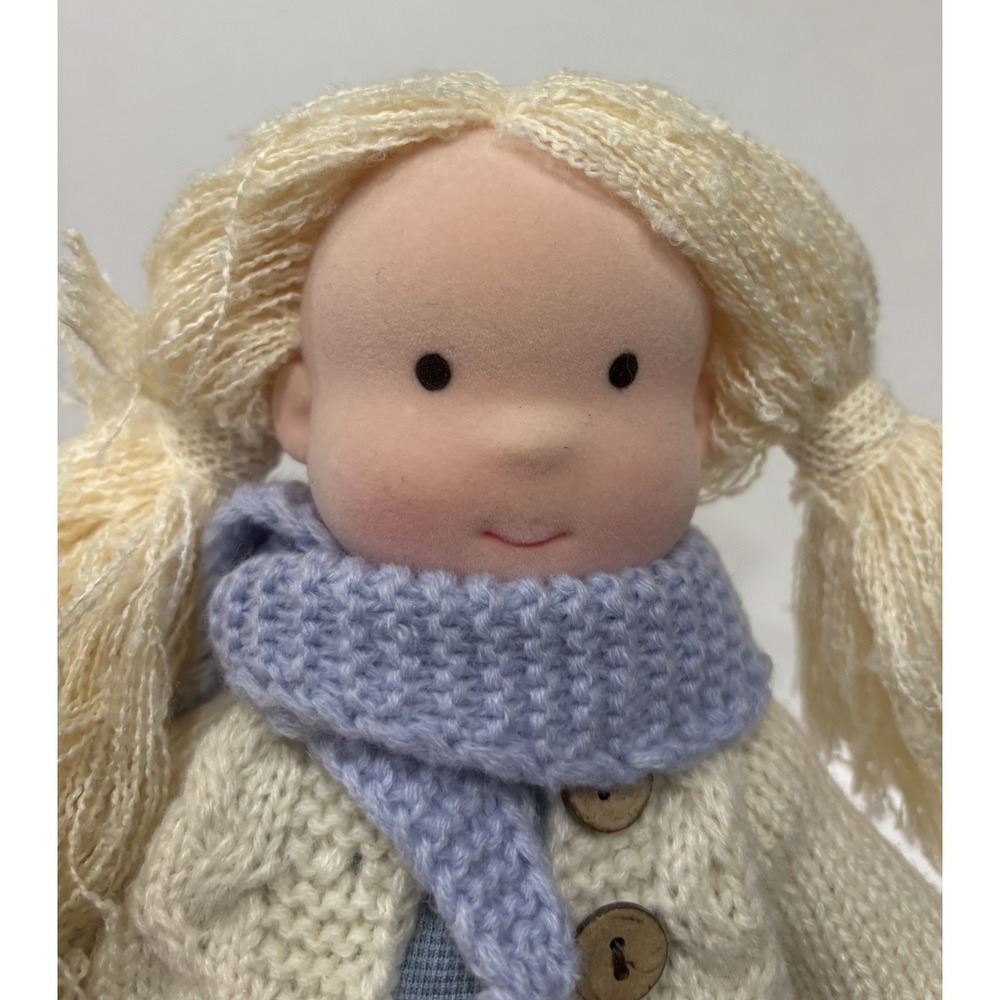 12" Handmade Rag Doll Blonde Pigtails Blue Dress Knit Sweater Plush Toy - Picture 7 of 9